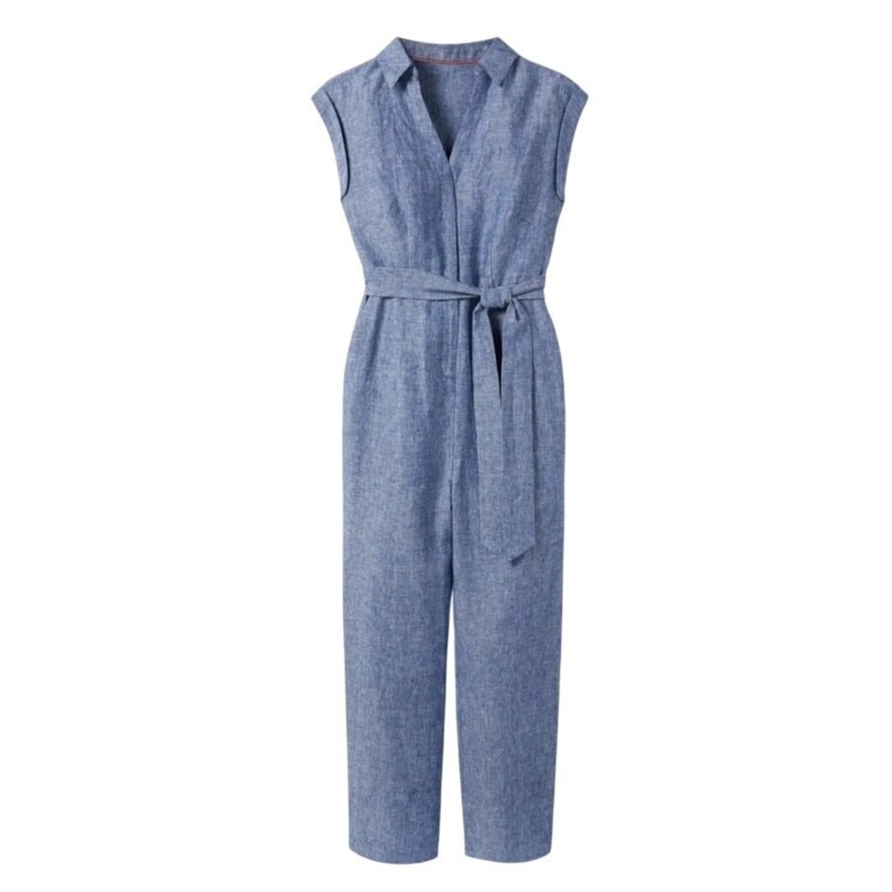 Boden Jumpsuit Women's 8 Tall Catriona Linen Blue Chambray Tie Belt Missing - Picture 2 of 15